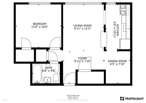 Floor plan for 1 bed, 1 bath, 600 sqft